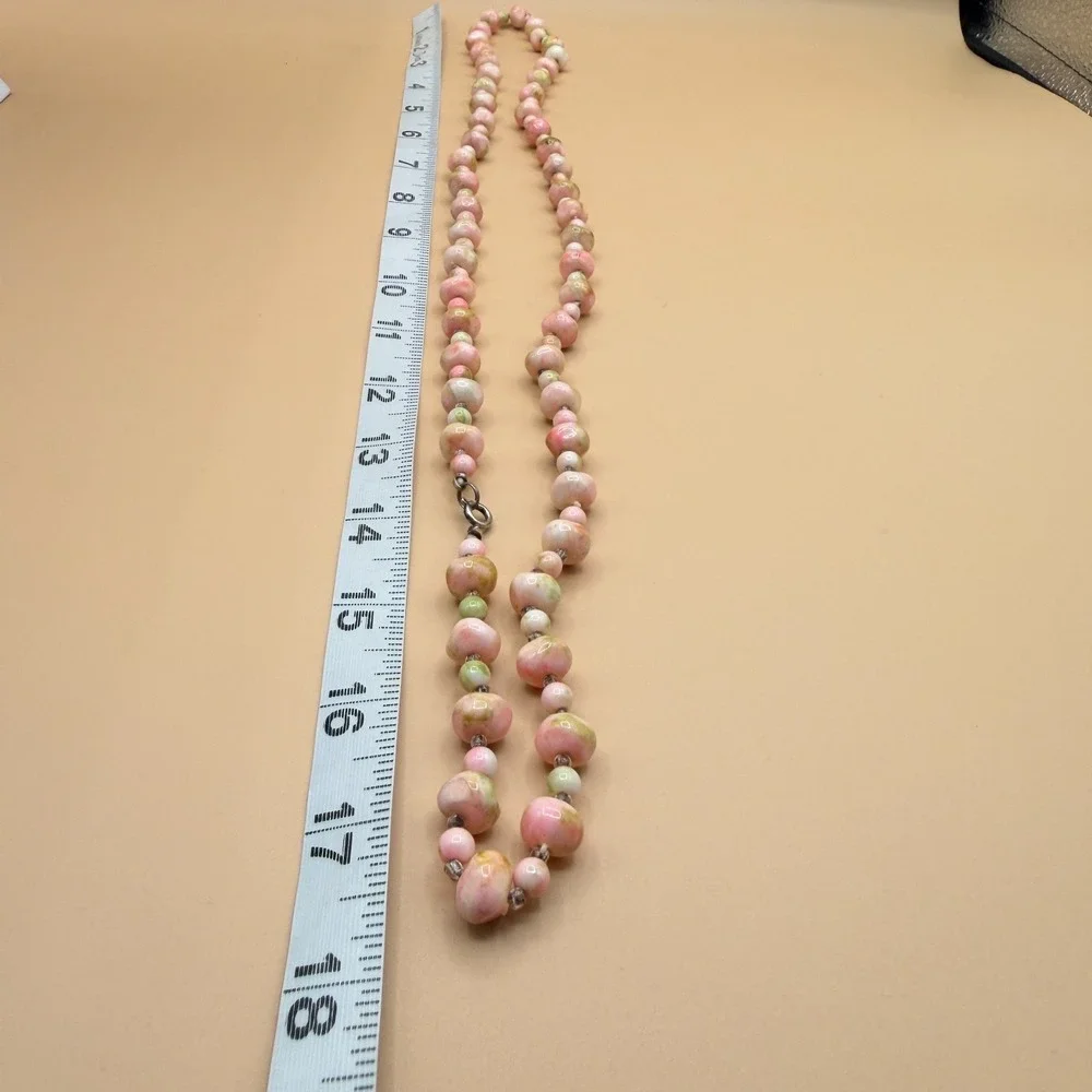 Pink Green Ceramic Bead Double Strand Necklace Cottagecore Boho Statement Gift